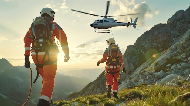 Deux ambulanciers avec des harnais de sécurité et du matériel d'escalade courant vers le service médical d'urgence en hélicoptère Thèmes de secours, d'aide et d'espoir