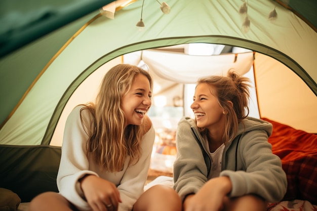 Deux amies adolescentes à l'intérieur d'une tente de camping