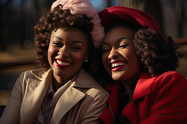 Deux amies afro-américaines heureuses dans la trentaine s'amusant dans le parc