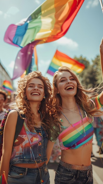 Deux amies célèbrent ensemble le défilé de la fierté LGBTQ