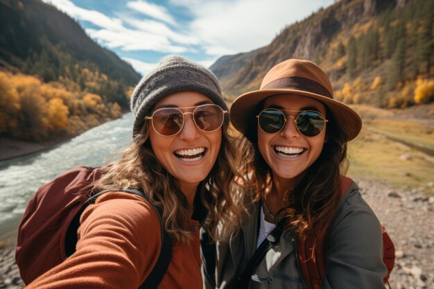 Deux amies prennent un selfie au bord de la rivière lors d'une randonnée en montagne