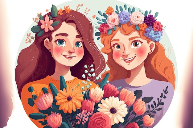 Deux amies souriantes heureuses avec des bouquets de fleurs Style design plat