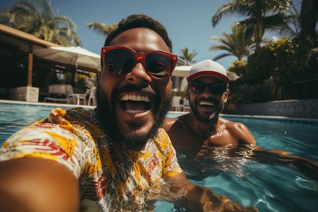 Deux amis afro-américains heureux se font un selfie à la piscine ou à la piscina.