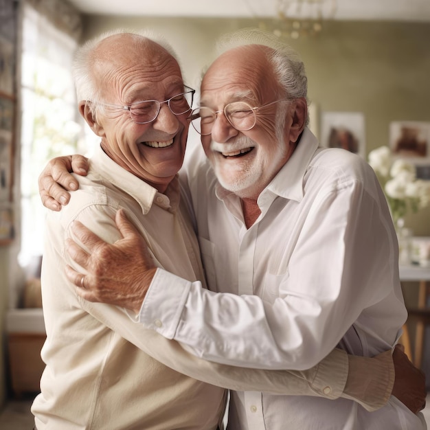 Deux amis âgés s'embrassant