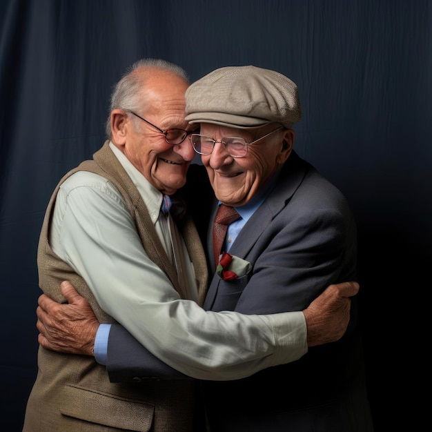 Deux amis âgés s'embrassant