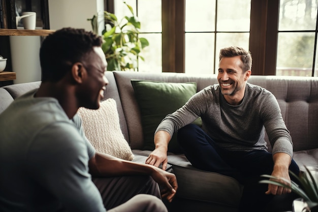 Deux amis hommes qui parlent et rient sur le canapé AI générative