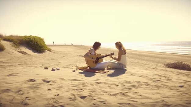 deux amis jouant de la guitare au coucher du soleil sur la plage IA générative