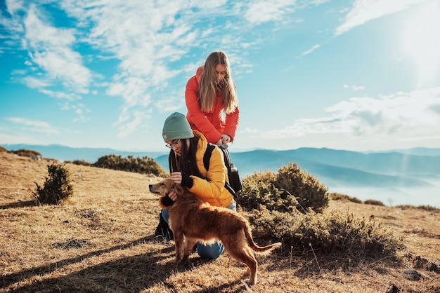 Deux amis jouent avec un chien dans la nature