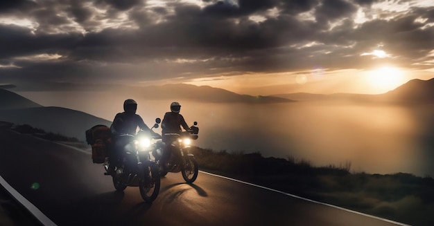 Photo deux amis motocyclistes voyagent sur des motos avec des paniers à travers les montagnes au coucher du soleil