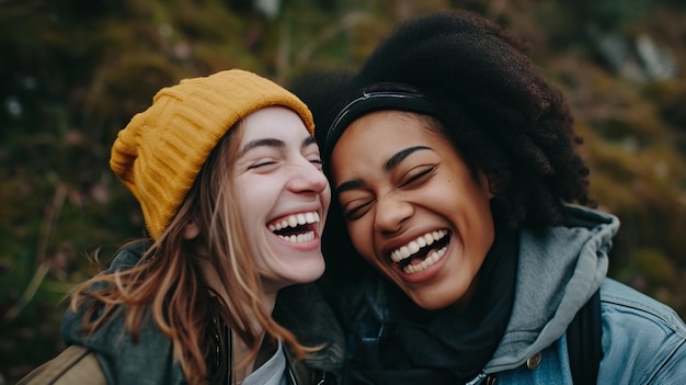 Deux amis qui rient en plein air.