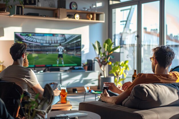 deux amis regardant du football à la télévision et buvant de la bière à la maison