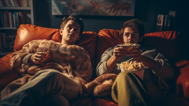 Deux amis regardent un film ensemble et partagent