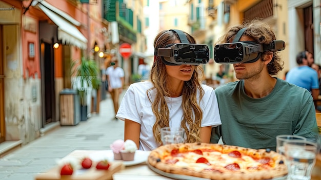 Deux amis regardent tous les deux des lunettes VR sans fil à l'extérieur