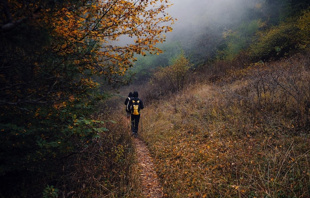 Deux amis avec sac à dos randonnée ensemble dans la nature d'automne