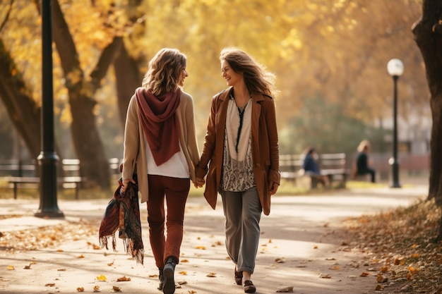 Deux amis se promenant ensemble dans le parc partageant des moments de bonheur