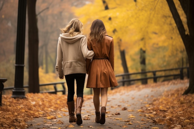 Deux amis se promenant ensemble dans le parc partageant des moments de bonheur