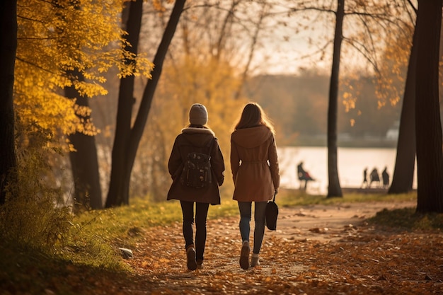 Deux amis se promenant ensemble dans le parc partageant des moments de bonheur