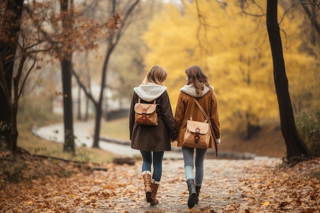 Deux amis se promenant ensemble dans le parc partageant des moments de bonheur