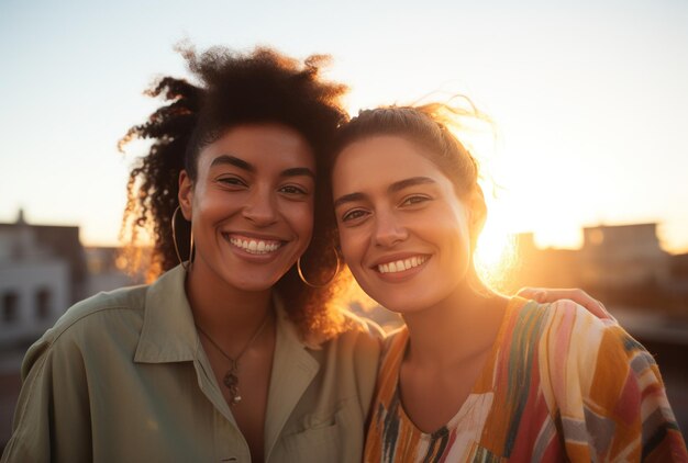 deux amis souriant à l'extérieur le soir