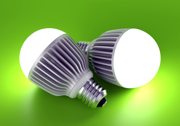 Deux ampoules LED à économie d'énergie incandescentes. sur fond vert. illustration 3D