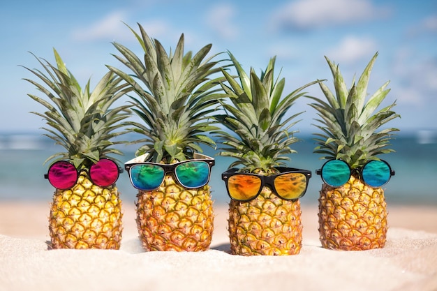 Deux ananas avec des lunettes de soleil à la mode sur la plage
