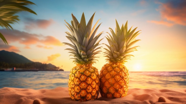 Deux ananas mûrs reposant sur la plage de sable