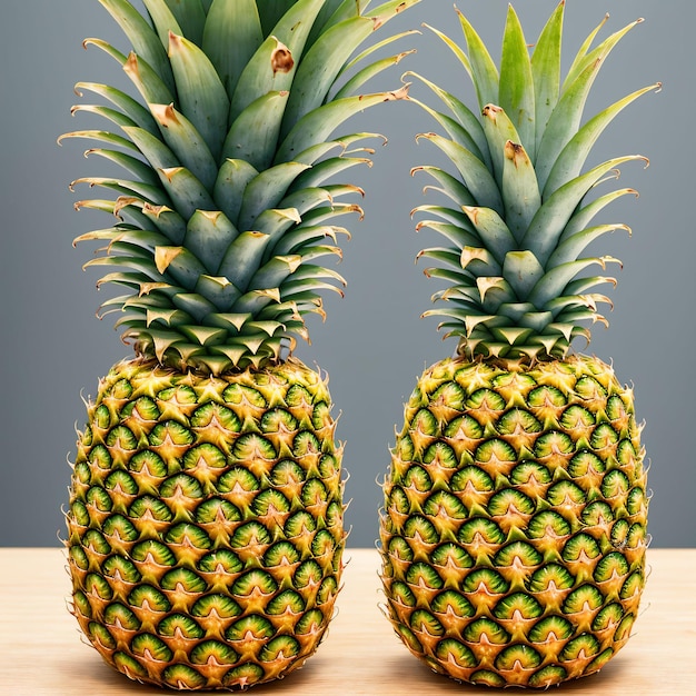 Deux ananas sont assis sur une table, dont l'un est jaune et l'autre est jaune.