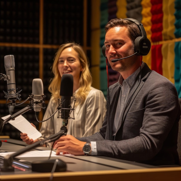 Photo deux animateurs de radio sont assis à une table et parlent dans des microphones.