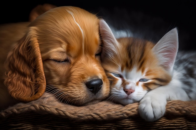 Deux animaux de compagnie un chat et un chien dormant ensemble dans une sieste confortable Chaton et chiot se reposant compagnons animaux mignons Soins des animaux et amitié dans un cadre familial avec des animaux domestiques AI générative