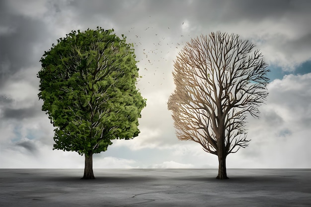 Deux arbres contrastés l'un vibrant avec des feuilles vertes l'autre sombre et stérile sous un ciel nuageux