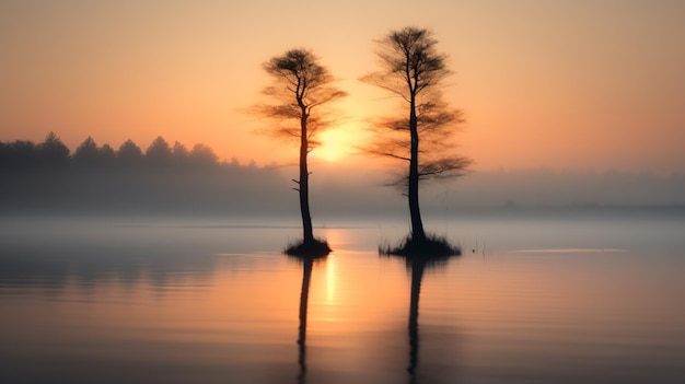 deux arbres sont debout dans l'eau au coucher du soleil