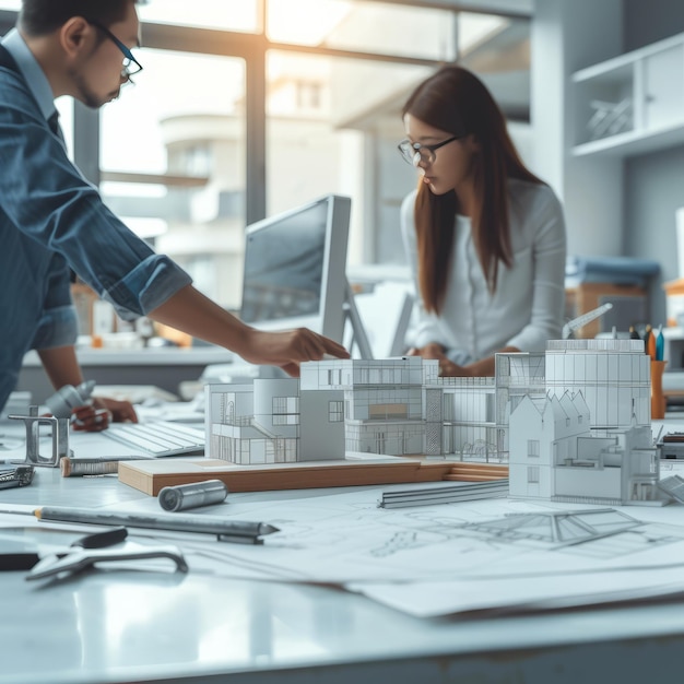 Deux architectes discutent d'un modèle de bâtiment.