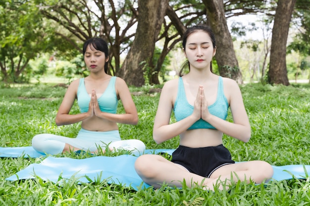 Deux asiatiques jeune athlète attrayante pratiquant le yoga dans la nature du parc en plein air sur l'herbe verte le matin, mode de vie de méditation et de détente saine