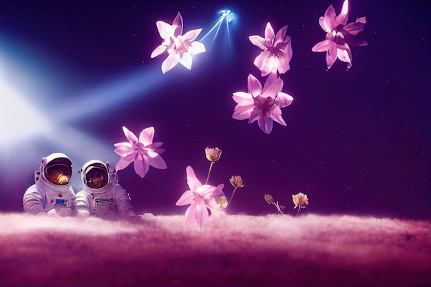 Deux astronautes amoureux dans un champ de fleurs Astronautes high-tech du futur