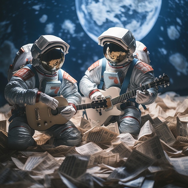 Photo deux astronautes, l'un d'eux portant une combinaison spatiale, l'autre une guitare.