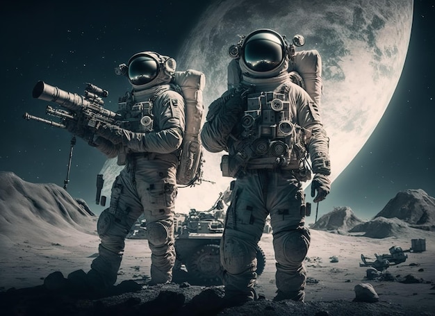 Deux astronautes sur la lune avec un réservoir en arrière-plan