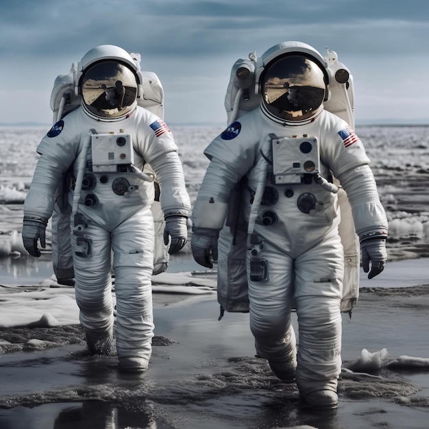 Deux astronautes se promènent sur une plage.
