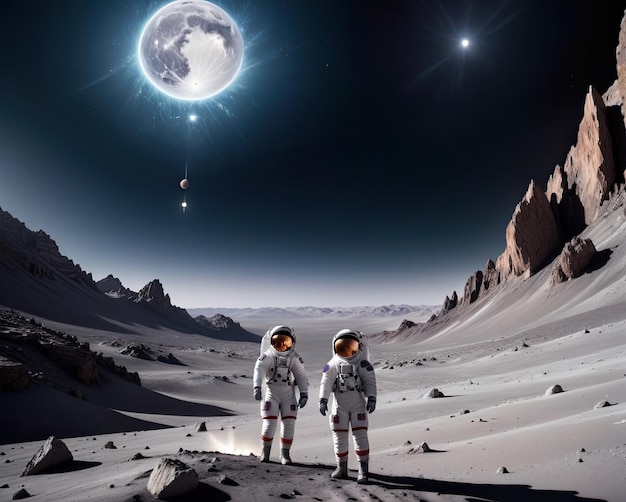 Photo deux astronautes se tiennent dans le désert avec la lune en arrière-plan