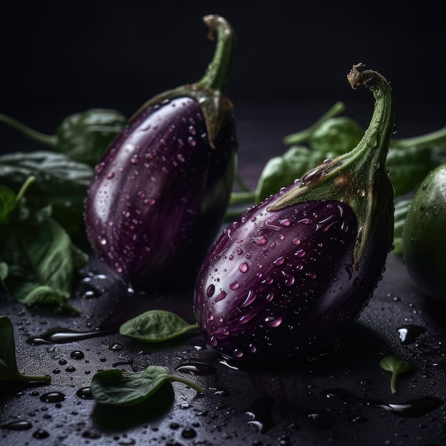 Deux aubergines aux feuilles vertes et une aubergine violette sur fond noir