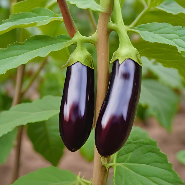 Photo deux aubergines sur une plante avec l'une d'elles a une fleur pourpre