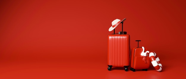 Deux bagages rouges avec des accessoires de voyage en rouge