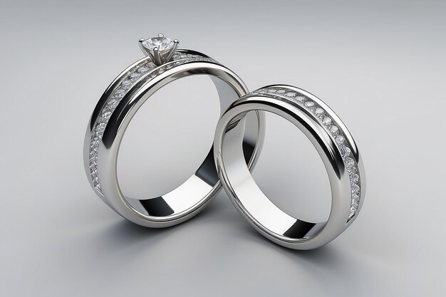 Deux bagues de mariage sur un fond gris en 3D