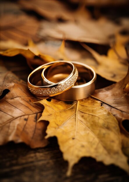 Photo deux bagues de mariage ont été placées sur une surface en bois et sont entourées