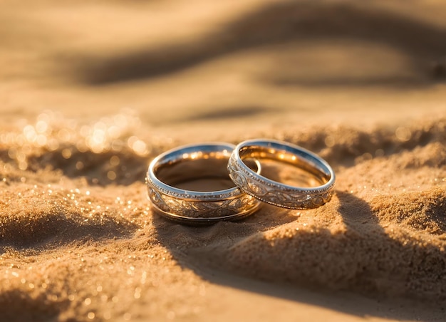 Photo deux bagues de mariage en or au coucher du soleil dans le sable dans le style de sigma