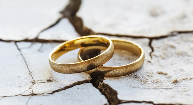 Deux bagues de mariage en or exposées sur un mur de bois cassé rustique