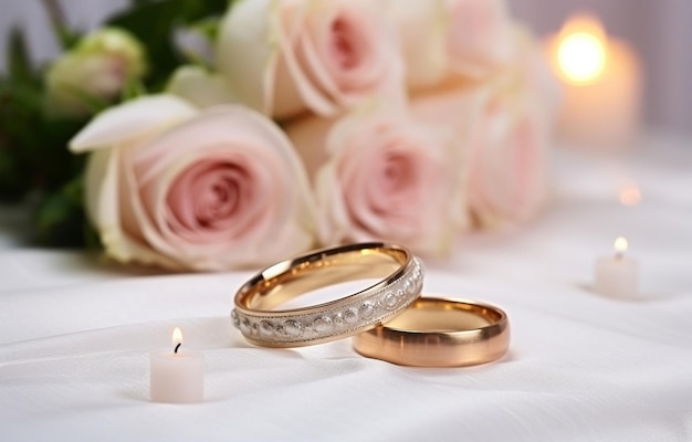 Photo deux bagues de mariage en or sur une serviette avec un décor de bougie rose wedd