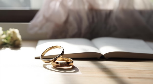 Deux bagues en or avec contrat pour le concept de mariage heureux long terme lien de concept de mariage