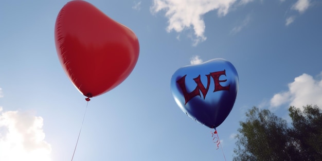 Deux ballons rouges en forme de coeur avec le mot vivre en lettres rouges.
