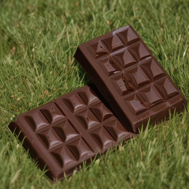 deux barres de chocolat sont posées sur l'herbe