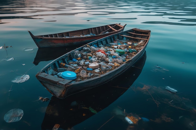 Deux bateaux avec des bouteilles en plastique dans l'eau